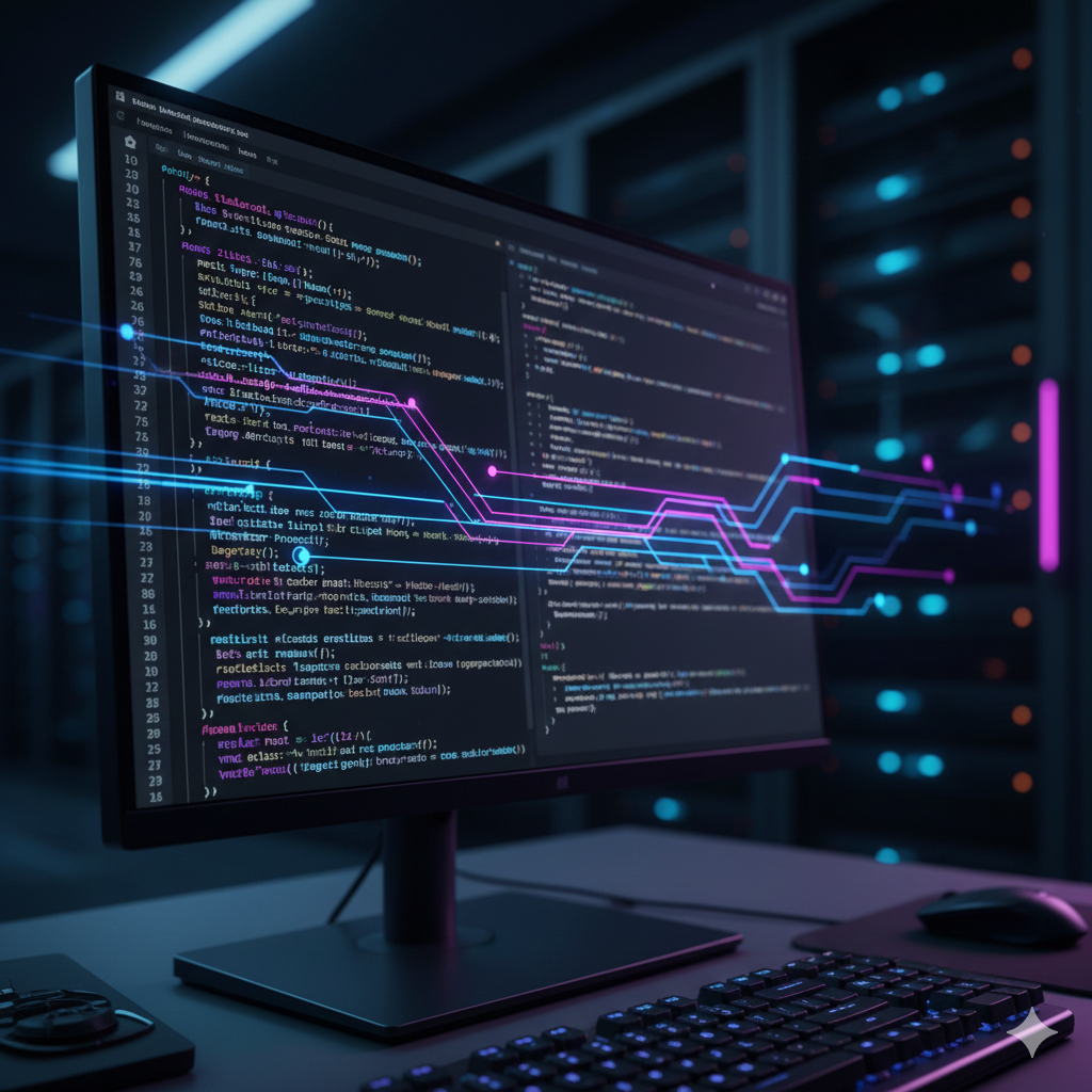 Code snippets and data flow diagram on a monitor